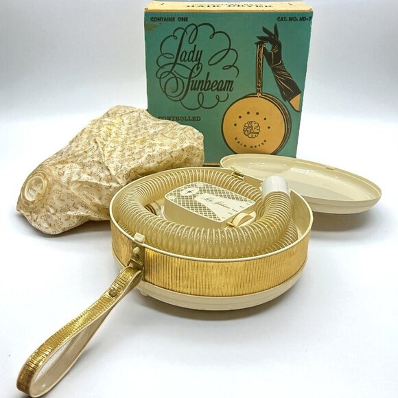 Vintage Sunbeam Soft Bonnet Hair Dryer Cream Gold Trim w/ Travel Case & Box - Picture 1 of 11